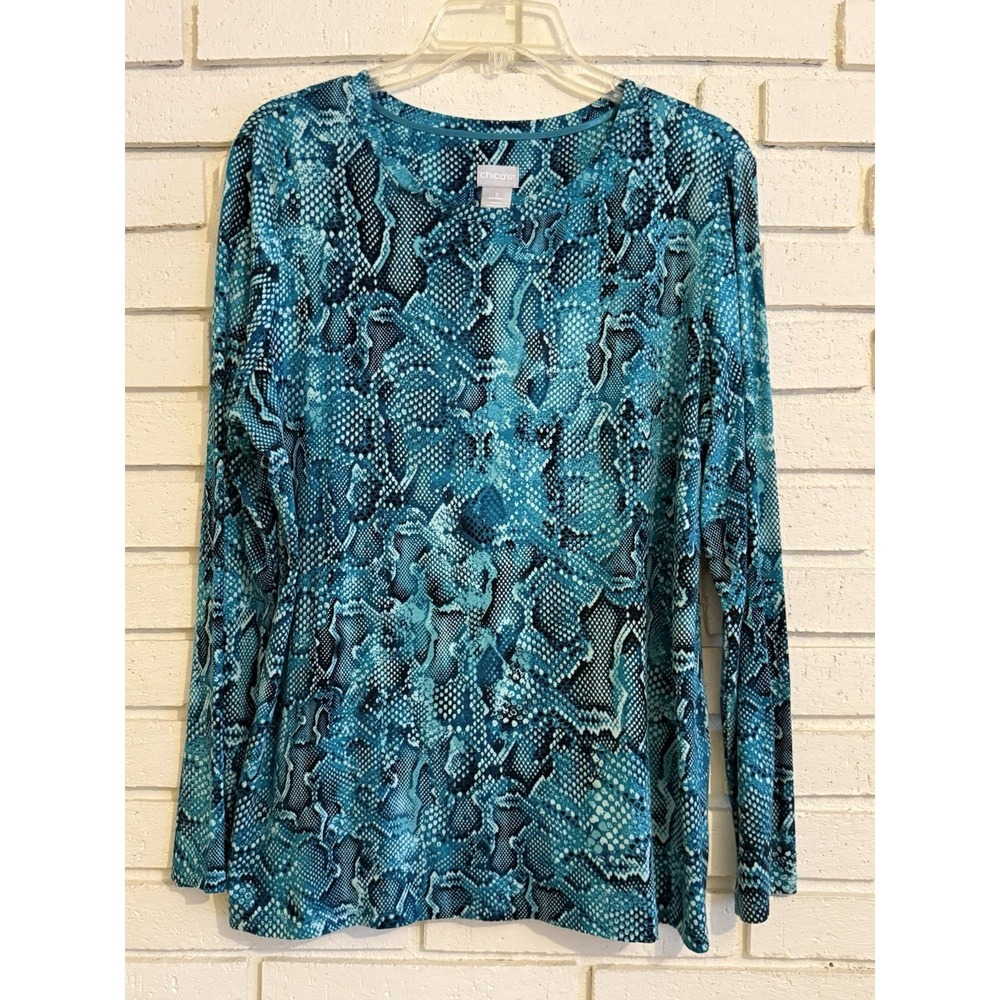 Chicos 2 Top Womens US Sz Lg Green Snake Print Long Sleeve Casual Blouse